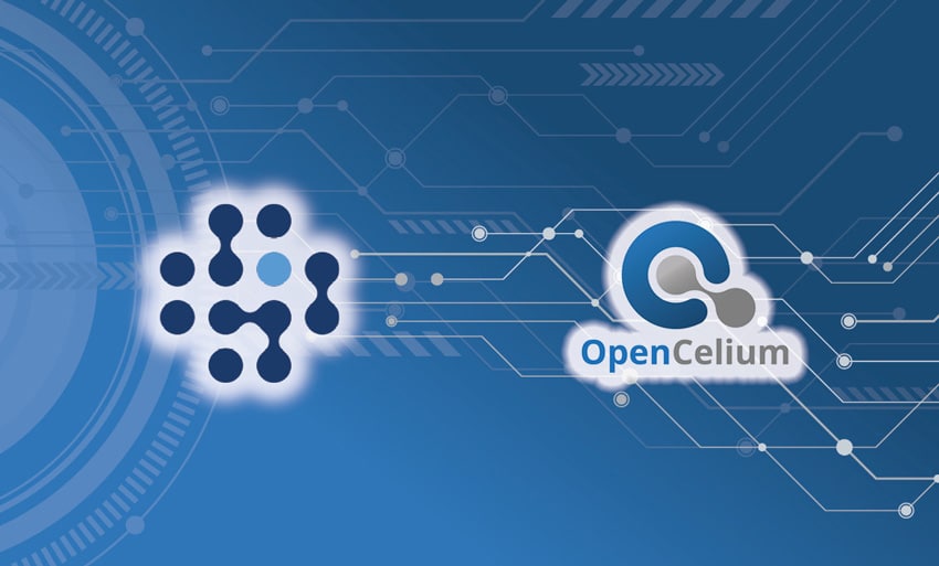 Technisches Motiv mit Logos von OpenCelium und LOGINventory